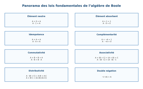 Title: Figure 1 — Résumé des principales lois de l’algèbre de Boole. - Description: Figure 1 — Résumé des principales lois de l’algèbre de Boole.
